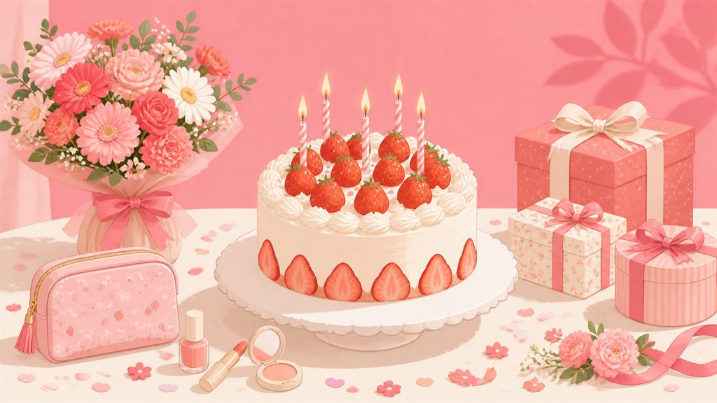 花束とコスメとケーキのイラスト