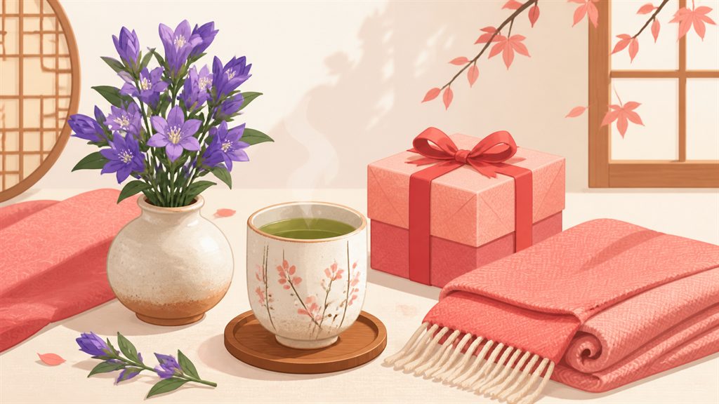 湯のみとリンドウの花のイラスト